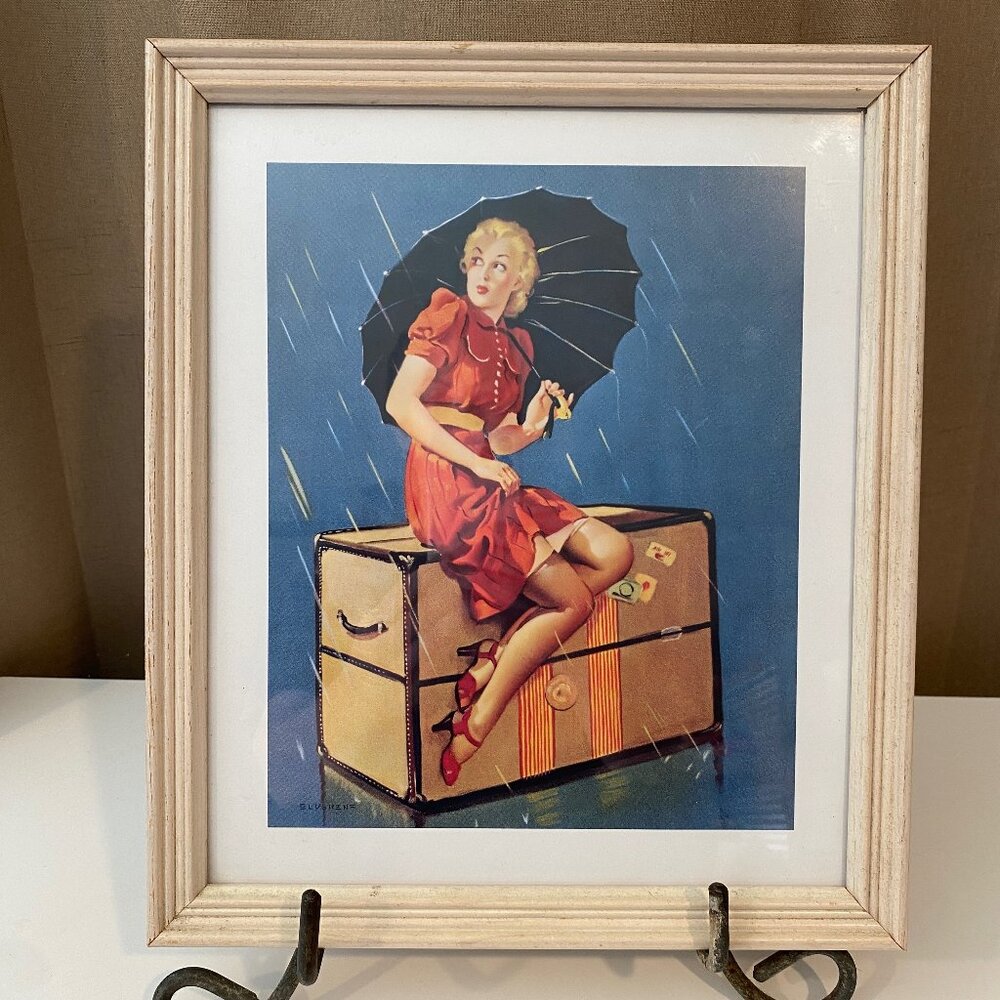 Gil Elvgren Retro‎ Pin-Up Girl in Rain Framed Art 13x11